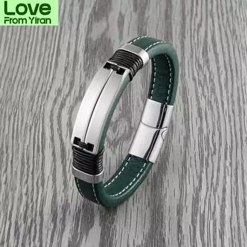 Новый двухрядный глянцевый нержавеющая сталь модный крутой ювелирный унисекс панк парный браслет зеленый широкий кожаный браслет с подвесками 21cm зелёный