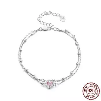 Новый двухслойный браслет Pink Love, милый девчачий стиль, стерлинговое серебро S925, изысканный браслет в форме сердца, ювелирные изделия Adjustable size