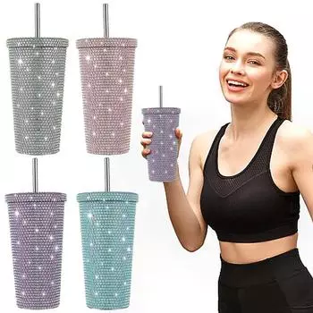 Новый двухслойный термос из нержавеющей стали, 500 мл, женские блестящие чашки, бутылка для воды, подарочная многоразовая соломенная чашка с крышкой розовый