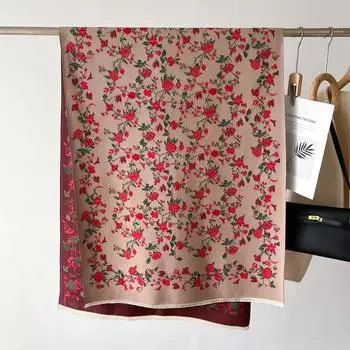 Новый Двусторонний Теплый Толстый Длинный Шарф Зимний Женский С Цветочным Принтом Кисточки Элегантная Шаль в Подарок Маме Имитация Кашемира 66X192cm