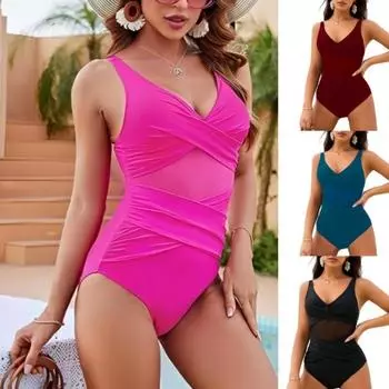 Новый европейский и американский цельный купальник из цельной сетки, однотонный сетчатый, облегающий, сексуальный купальник S чёрный