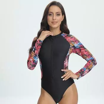 Новый европейский и американский цельный купальник женский с цифровой печатью с длинными рукавами на молнии облегающий костюм для серфинга S чёрный