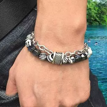 Новый европейский и американский мужской браслет из нержавеющей стали с малахитом и бусинами в стиле хип-хоп