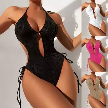Новый европейский и американский однотонный вырез пустой цельный купальник треугольный пляжный сексуальный бикини леди S чёрный