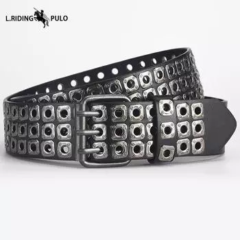 Новый европейский и американский панк-ремень с тремя рядами люверсов и заклепок, ПУ-ремень, мужской и женский, трендовый ремень для хаш-личности 110cm