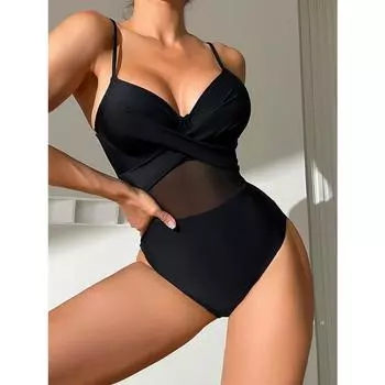 Новый европейский и американский пляжный слитный купальник женский сетчатый подтяжки для прикрытия живота консервативный купальник S чёрный