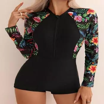 Новый европейский и американский принтованный гидрокостюм на молнии с солнцезащитным экраном, цельный купальник для женщин с длинными рукавами, солнцезащитный купальник-бикини S чёрный
