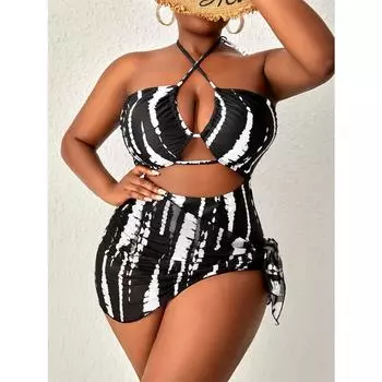 Новый европейский и американский сексуальный бикини полосатый халтер цельный купальник большого размера купальник 0XL