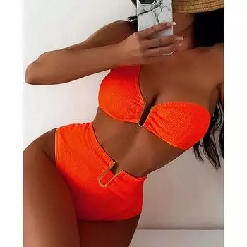 Новый европейский и американский сексуальный женский купальник бикини с V-образным вырезом и разрезом на плечах S