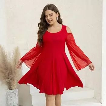 Новый европейский и американский стиль, модный темперамент, женское платье большого размера, облегающее и утягивающее сетчатое платье, средняя юбка XL красный
