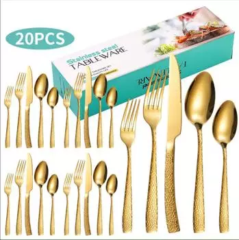 Новый европейский образец молотка из змеиной кожи, нержавеющая сталь, западный нож для стейка, вилка, ложка, молоток, изогнутый нож, набор из 20 предметов, набор посуды 20 piece set серебряный