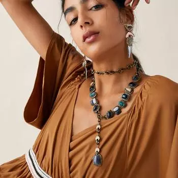 Новый европейский стиль ZA в том же винтажном металлическом ожерелье с драгоценными камнями, длинная цепочка для свитера разноцветный