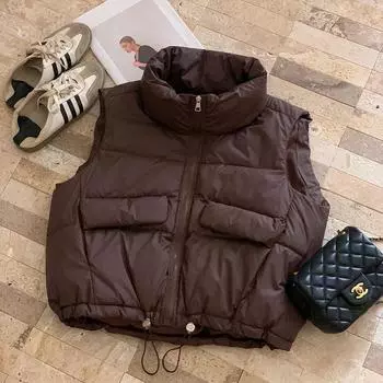 Новый европейский женский зимний хлопковый жилет с воротником-стойкой, короткий терможилет, жилет, маленький жилет, прилив M бежевый