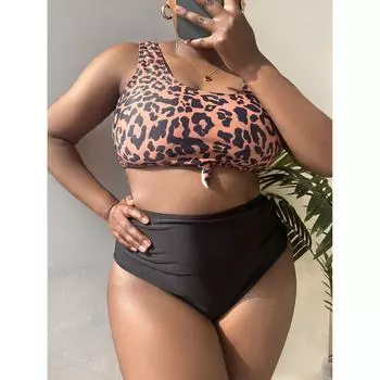 Новый Fat MM Черный жилет с леопардовым принтом Сексуальное бикини с разрезом T500 1XL