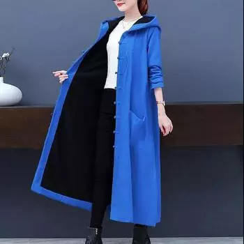 Новый флисовый утолщенный теплый с капюшоном ретро этнический тренчкот женский осенне-зимний длинный флис большой размер M красный