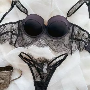 Новый французский комплект нижнего белья, сексуальный кружевной комплект с цветочным принтом на бретельках, комплект с бюстгальтером пуш-ап, женский бюстгальтер с тонкой чашкой, черная сетка, полые нижнее белье, трусики