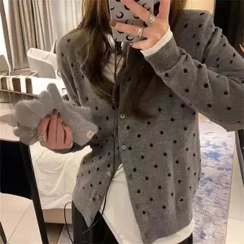 Новый французский круглый вырез горловины дизайн маленький горошек жаккардовый вязаный кардиган универсальный женский темперамент свитер женская мода one size fits all серый