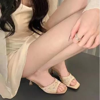 новый французский квадратный ринотон котенок с шлепанцами женская летняя одежда fairy wind line с тапочками на высоком каблуке 34