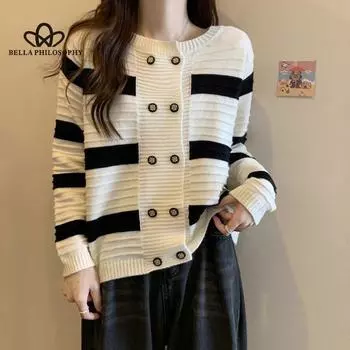 Новый французский маленький вязаный кардиган в парфюмерном стиле, милая черно-белая полосатая блузка с длинными рукавами, женский свитер one size чёрный