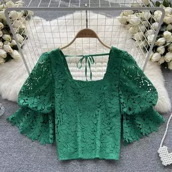 Новый французский полый крючок с цветами, свободный тонкий пузырь, с короткими рукавами, квадратный воротник, короткий абзац, сто с топами