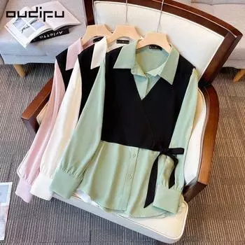 Новый французский стиль топа для женщин с нишевым дизайном, уникальным плетением, тенденцией к имитации рубашки из двух частей L [Recommended 100-60kg] белый