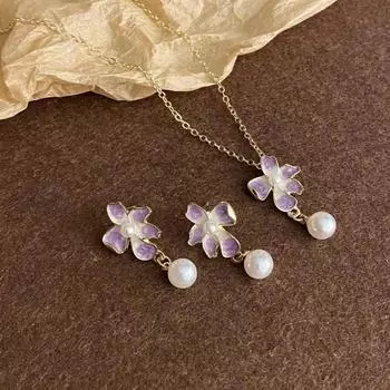 Новый французский темперамент, эмаль, картина маслом, градиент, фиолетовый цветок, имитация жемчуга, женские серьги