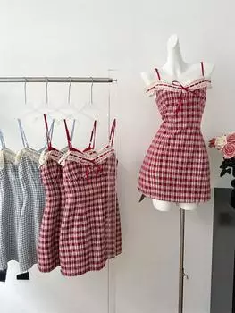 Новый французский Y2k, милые клетчатые платья на бретельках, женские летние шикарные повседневные кружевные платья Y2K Kawaii, женское сказочное кружево с высокой талией, милое мини-платье для женщин S синий