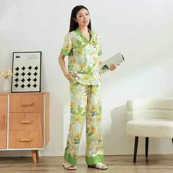 Новый французский женский комплект пижамы Ice Silk Printed со средним рукавом, с эксклюзивным дизайном, домашний костюм с лацканами Ins Style, пижама M