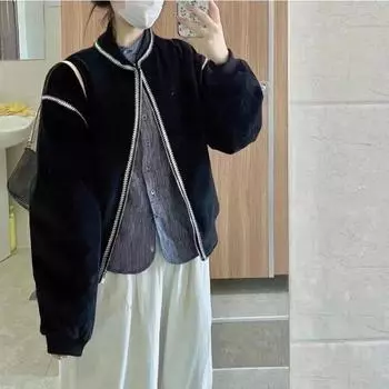 Новый год новый черный бейсбольная форма куртка женская осень и зима короткий дизайн нишевая свободная куртка куртка M