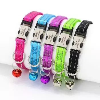 Новый индивидуальный ошейник для кошек, светоотражающие ошейники для котят, щенков с колокольчиком, персонализированные ошейники для кошек, аксессуары для ошейников 19 см - 30 см 19 to 30cm фиолетовый