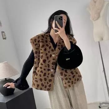 Новый искусственный мех экологически чистый норковый жилет искусственный меховой жилет ретро леопардовый принт жилет сложенный короткий кардиган average size цветной печати леопарда
