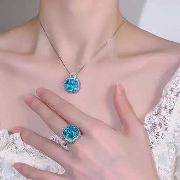 Новый изысканный роскошный атмосферный комплект ювелирных изделий с подвеской из искусственного циркония в форме птичьего гнезда цвета морской волны с квадратным ожерельем и кольцом