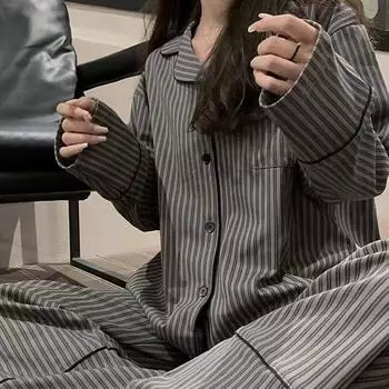Новый кардиган простая пижама женская весна осень пижамы полосатый студенческий домашний костюм V-образный вырез свободная тонкая домашняя одежда M серый