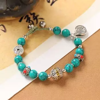 Новый китайский этнический стиль ретро браслет дизайн по интересам тибетский экзотический стиль мужской ремешок для ношения натуральный камень плетеный браслет женский 7-Greenstone turn beads