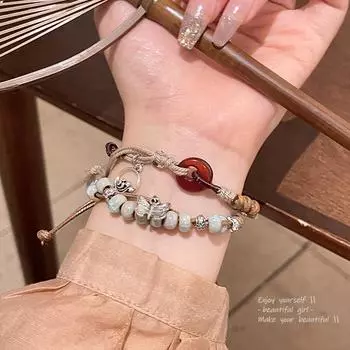 Новый китайский древний стиль Длинный речной закат круглый браслет с пряжкой из бисера и камнем на шнурке 1 pcs