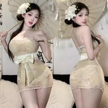 Новый китайский комплект пижамы с принтом, топ-труба и юбка на бедрах, соблазнительная сексуальная ночная сорочка, униформа, эротическое нижнее белье в стиле чистой страсти One Size (80-60kg)