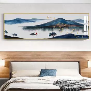 Новый китайский пейзаж, картина тушью, печать на холсте, золотые летающие птицы, постеры с горным озером, принты для гостиной, спальни 20cm40cm NoFrame