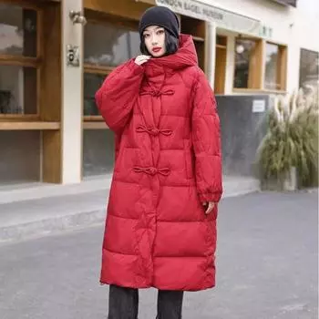 Новый китайский ретро удлиненный утолщенный пуховик с пряжкой литературного дизайна пуховик зимний белый утиный пух M чёрный