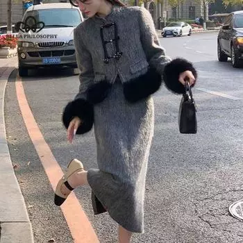 Новый китайский шерстяной топ с плетением, юбка до щиколотки, темпераментный костюм из двух частей, женское осенне-зимнее новое платье S