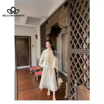 Новый китайский стиль, элегантное нежное пальто с длинными рукавами и вертикальным воротником и пряжкой, однотонное плиссированное платье средней длины, костюм из двух частей с вышивкой и принтом XS бежевый