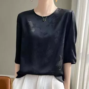 Новый китайский стиль атласный женский круглый вырез большой размер шелк Black XL