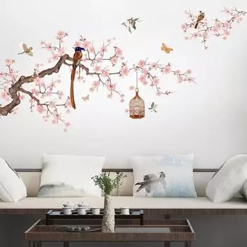 Новый китайский стиль цветок птица иллюстрация стикер стены гостиной диван фон Декор наклейки обои украшение дома S