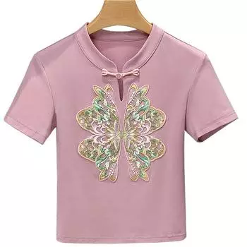 Новый китайский стиль китайский стиль застегивающийся топ для женщин летом новая женская ретро вышитая застегивающаяся на плечо футболка с короткими рукавами S
