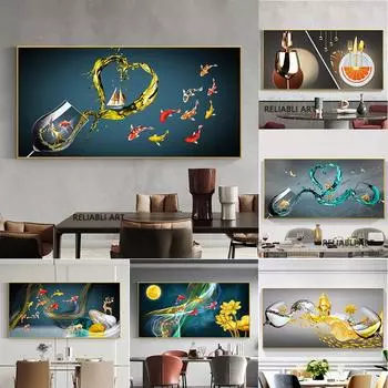 Новый китайский стиль Koi Lucky Carp холст картина Золотая рыбка бокал для вина постер Ресторан Настенный декор картина Cuadros 20x40cm No Framed