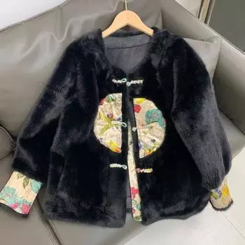 Новый китайский стиль, короткий стиль, топ, женское пальто из экологически чистого меха one size fits all чёрный
