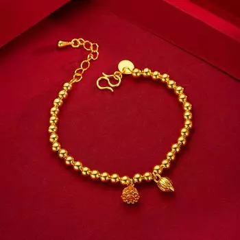 Новый китайский стиль Lotus Peng Hand Strand, унаследованный древним методом Лотосная бусина, женский браслет Two Lifetime Joy из 24-каратного позолоченного песка Adjustable size