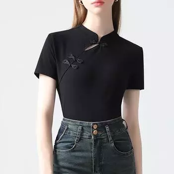 Новый китайский стиль с наклонной планкой и воротником-стойкой, новая женская одежда, футболка с короткими рукавами и воротником-стойкой в китайском стиле для женщин S чёрный