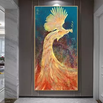 Новый китайский стиль свет роскошный павлин Феникс холст картина настенное искусство абстрактные золотые постеры с животными для крыльца декор стены комнаты 20x40cm NO Frame