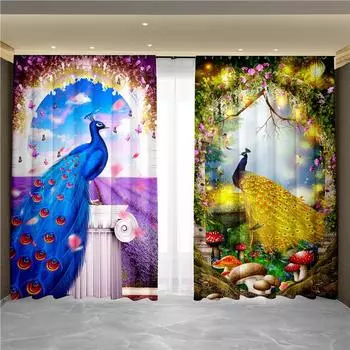 Новый китайский стиль тушью пейзаж цветы живопись павлин феникс занавеска от пола до потолка гостиная тканевая занавеска 50W80Hx2pcs(CM)&Hook