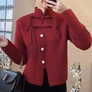 Новый китайский стиль воротник-стойка дисковый свитер с пуговицами женский осенне-зимний дизайн чувство нерегулярный темперамент тонкий кардиган верхнее пальто one size fits all красный